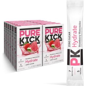 pure kick hydration singles to go drink mix, strawberry watermelon, includes 12 boxes with 6 packets in each box, 72 total packets