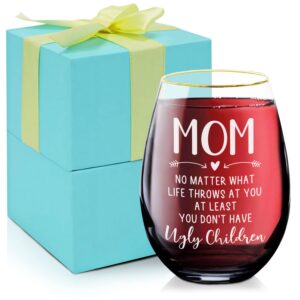 nickane 12oz mom wine glass with gift box as christmas, birthday gifts for mother, women - mom you don't have ugly children mom glass - fun mothers day gifts for mom from daughter, son