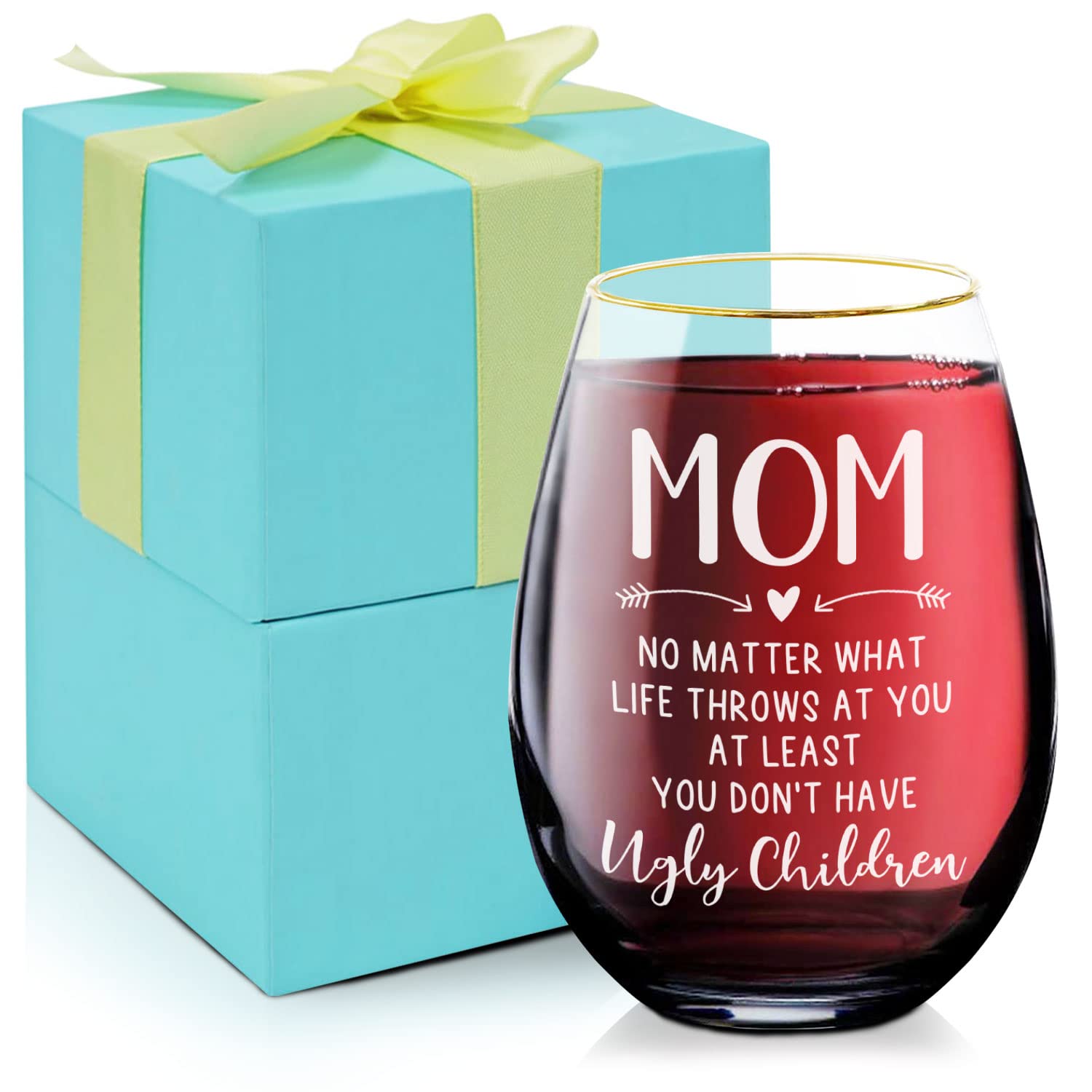 NICKANE 12oz Mom Wine Glass with Gift Box as Christmas, Birthday Gifts for Mother, Women - Mom You Don't Have Ugly Children Mom Glass - Fun Mothers Day Gifts for Mom from Daughter, Son