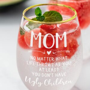 NICKANE 12oz Mom Wine Glass with Gift Box as Christmas, Birthday Gifts for Mother, Women - Mom You Don't Have Ugly Children Mom Glass - Fun Mothers Day Gifts for Mom from Daughter, Son