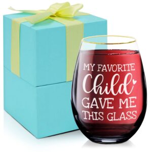 nickane 12oz mom wine glass with golden rim, gift box as christmas, birthday gifts for mother, step mother - my favorite child gave me this glass - fun mothers day gifts for mom from daughter, son