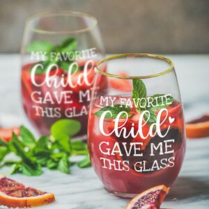 NICKANE 12oz Mom Wine Glass with Golden Rim, Gift Box as Christmas, Birthday Gifts for Mother, Step Mother - My Favorite Child Gave Me This Glass - Fun Mothers Day Gifts for Mom from Daughter, Son