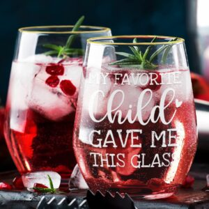 NICKANE 12oz Mom Wine Glass with Golden Rim, Gift Box as Christmas, Birthday Gifts for Mother, Step Mother - My Favorite Child Gave Me This Glass - Fun Mothers Day Gifts for Mom from Daughter, Son