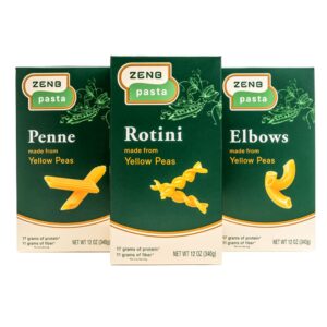 zenb plant based rotini, elbow, and penne variety pack pasta - made from 100% yellow peas, gluten free, non-gmo & vegan, 17g of protein & 11g of fiber in every 3 oz serving - 12 oz boxes (pack of 3)