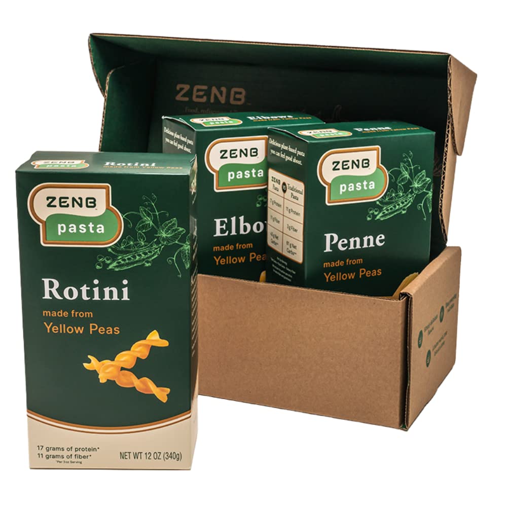 ZENB Plant Based Rotini, Elbow, and Penne Variety Pack Pasta - Made From 100% Yellow Peas, Gluten Free, Non-GMO & Vegan, 17g of Protein & 11g of Fiber In Every 3 oz Serving - 12 oz Boxes (Pack of 3)