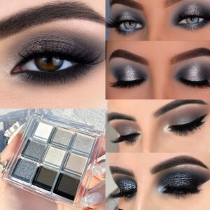 KARNAR Black Smokey Gray Silver Glitter Shimmer Eye Makeup Palette, 9 Colors Cool Toned Matte, Make Up Black Radiance Eyeshadow Palette, Profesional Sombras De Ojos