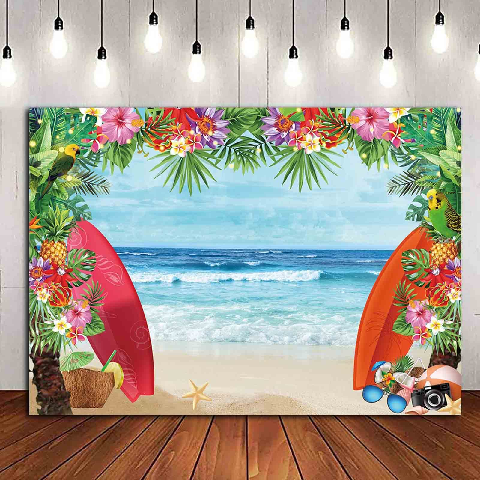 HQM 7x5FT Fabric Summer Tropical Beach Photo Background Beach Conch Hawaii Blue Sea Flower Children Birthday Luau Party Photography Backdrop Kids Baby Shower Cake Table Decor Supplies