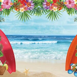 HQM 7x5FT Fabric Summer Tropical Beach Photo Background Beach Conch Hawaii Blue Sea Flower Children Birthday Luau Party Photography Backdrop Kids Baby Shower Cake Table Decor Supplies