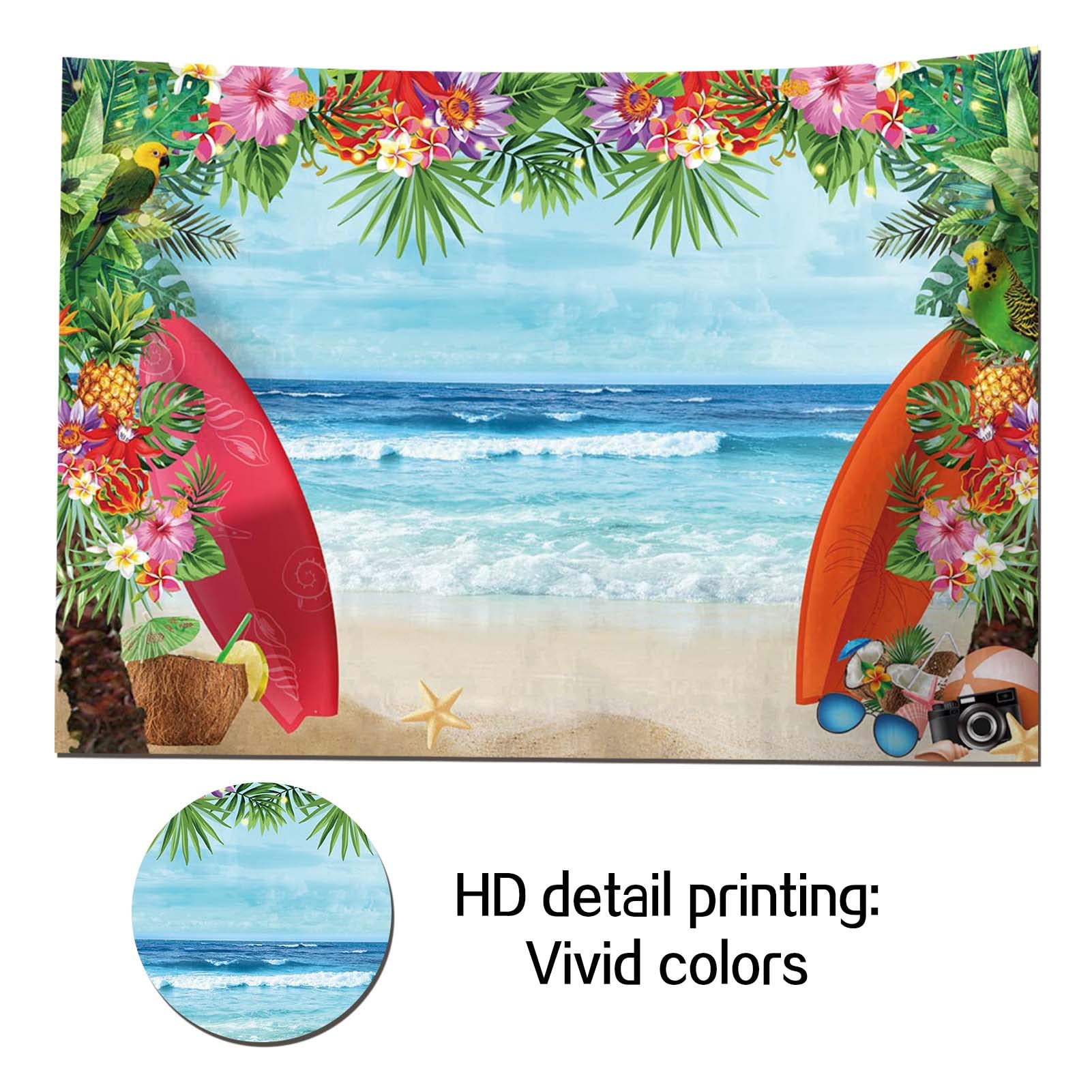 HQM 7x5FT Fabric Summer Tropical Beach Photo Background Beach Conch Hawaii Blue Sea Flower Children Birthday Luau Party Photography Backdrop Kids Baby Shower Cake Table Decor Supplies