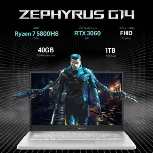 ASUS 2022 ROG Zephyrus 14" FHD 144Hz Gaming Laptop, AMD Ryzen 7-5800HS Processor, 40GB RAM, 1TB PCIe SSD, Backlit Keyboard, NVIDIA GeForce RTX 3060 Graphics, Windows 11, White, 32GB USB Card