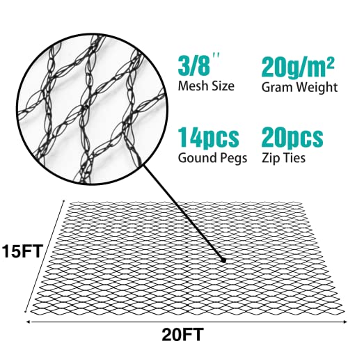 PatioGem Pond Netting, 15’ x 20’ Pond Netting for Koi Ponds, Durable & Sturdy Pond Net to Catch Leaves & Debris, Drive Herons, Raccoons, Cats & Predators Away, Handy Accessories Included (3/8” Mesh)