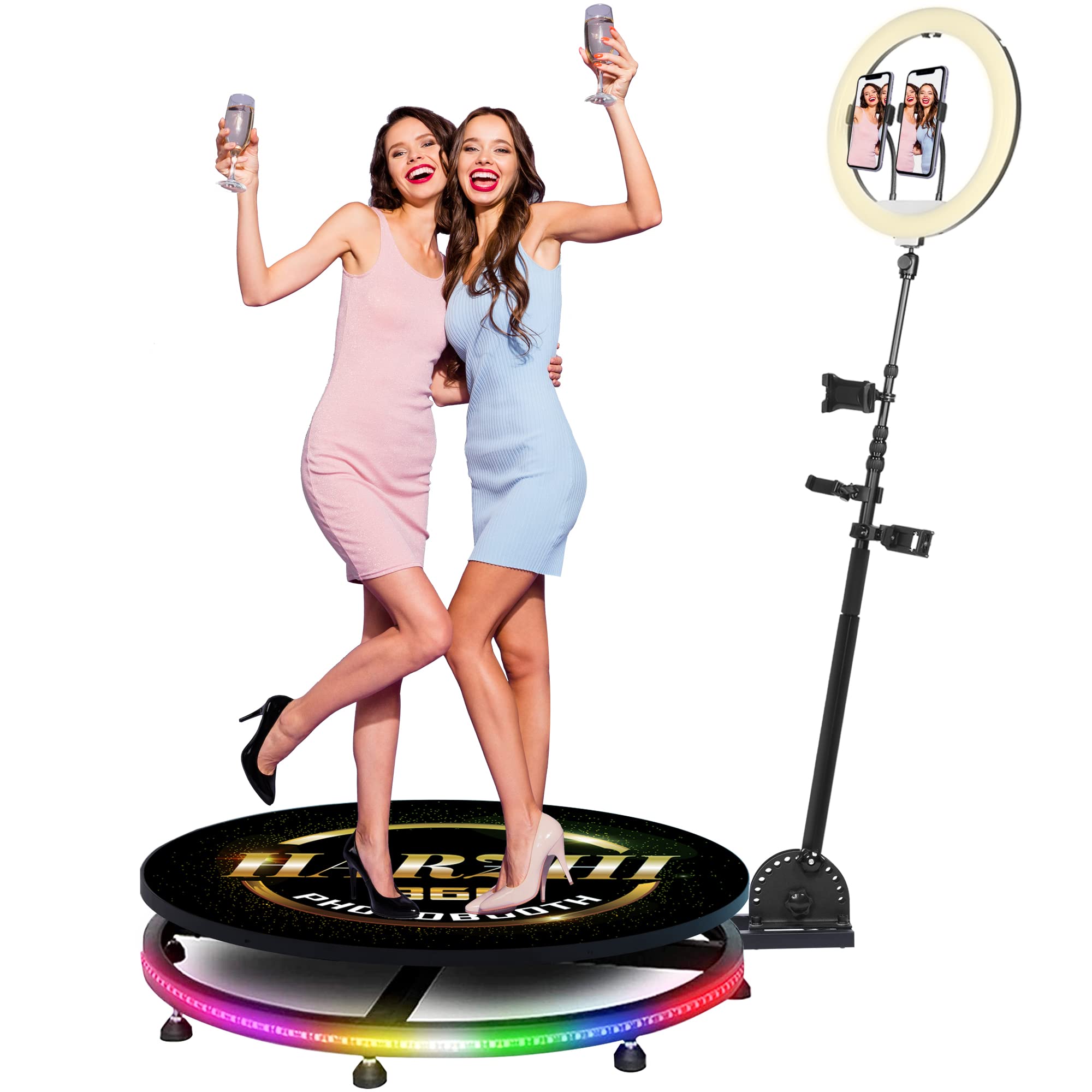 HARZHI 360 Photo Booth 57CM + 24V Battery, Automatic 360 Spin Camera Booth Machine for Parties Christmas Wedding with Free Logo Ring Light Accessories