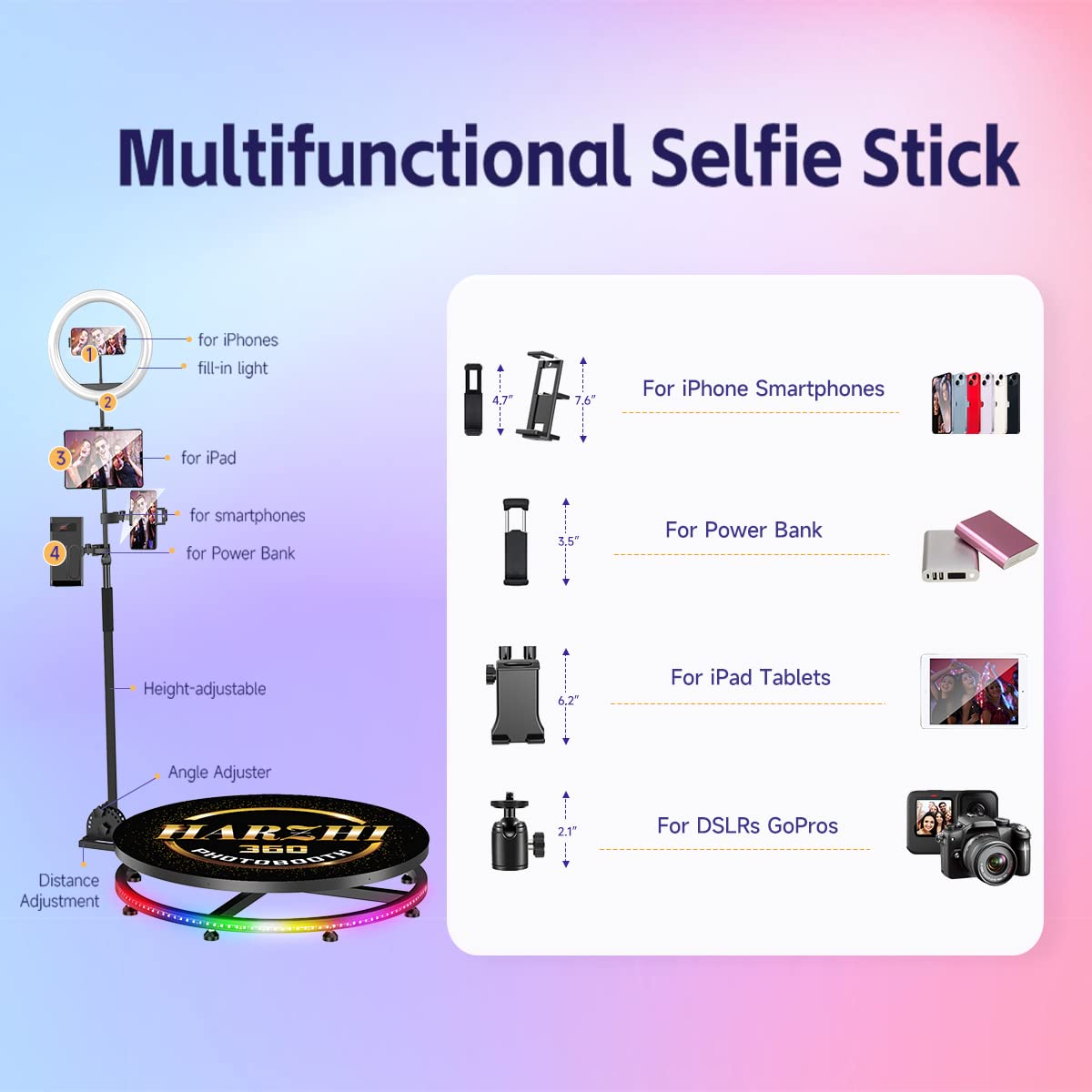 HARZHI 360 Photo Booth 57CM + 24V Battery, Automatic 360 Spin Camera Booth Machine for Parties Christmas Wedding with Free Logo Ring Light Accessories