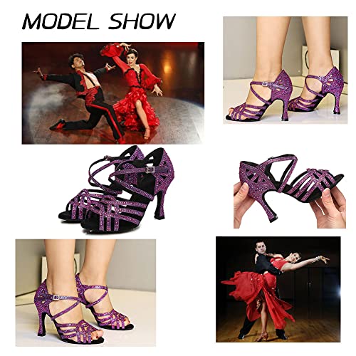 VCIXXVCE Women Professional Latin Rhinestone Dance Shoes Open Toe Salsa Chacha Ballroom Dance Heels Cross Strap Purple,8 US