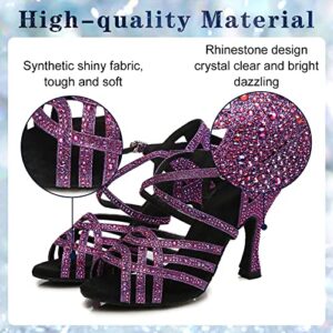 VCIXXVCE Women Professional Latin Rhinestone Dance Shoes Open Toe Salsa Chacha Ballroom Dance Heels Cross Strap Purple,8 US