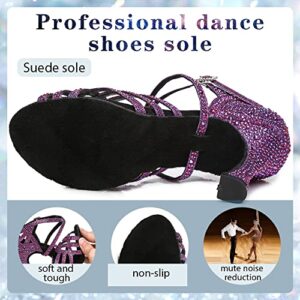 VCIXXVCE Women Professional Latin Rhinestone Dance Shoes Open Toe Salsa Chacha Ballroom Dance Heels Cross Strap Purple,8 US