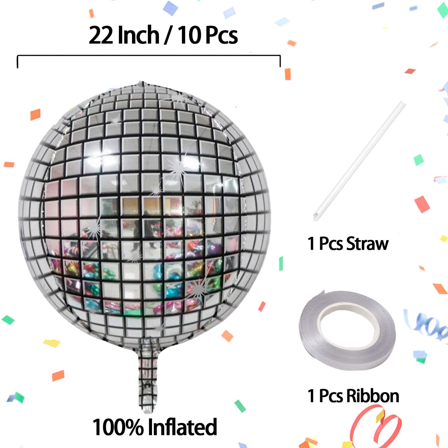 KALOR 22 Inch Metallic Disco Silver Mylar Balloons,10 Pcs Disco Ball Balloons,Large 4D Giant Round Foil Balloons for 70s Disco Party Decorations Birthday Decorations