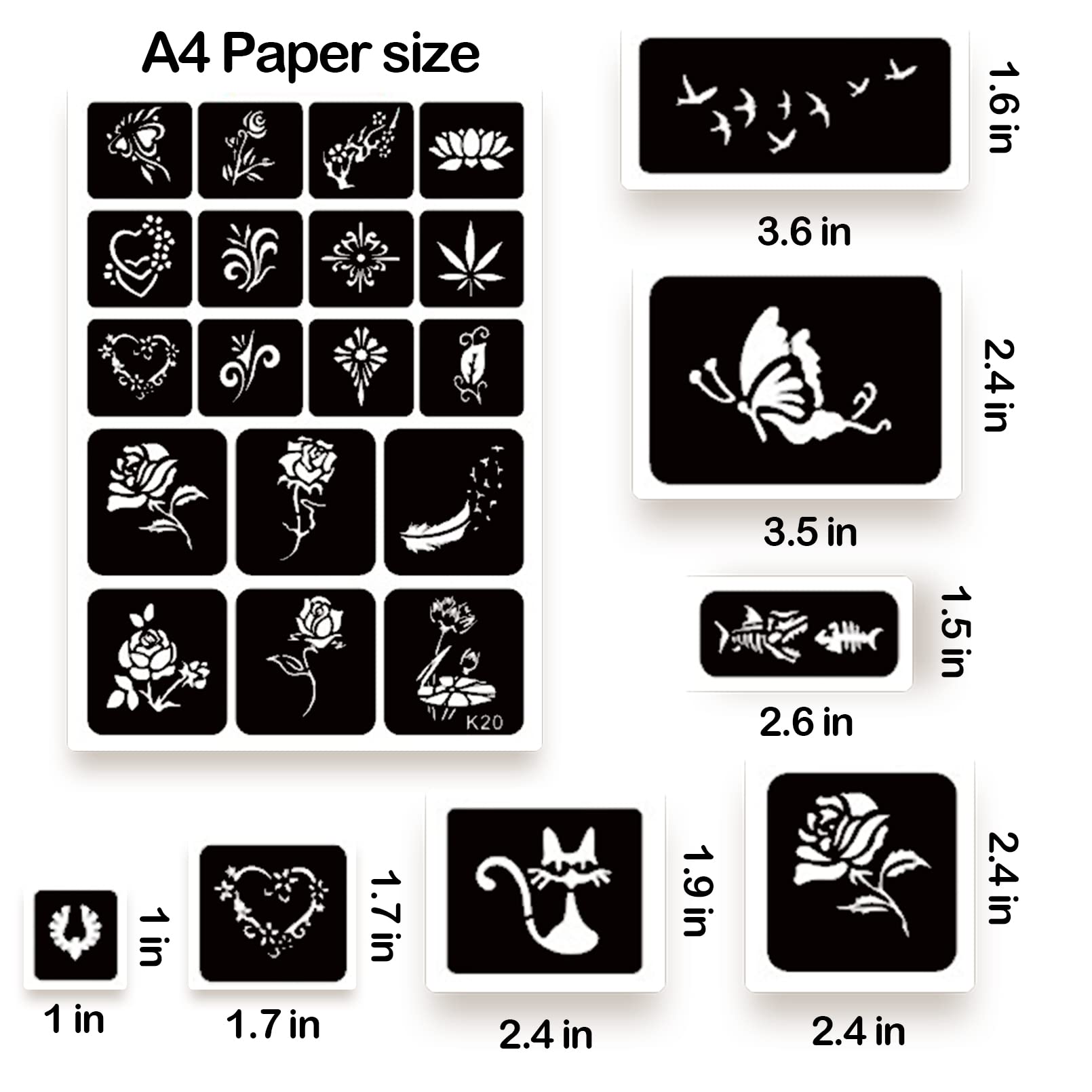 ChurlChurl 575pcs Temporary Tattoo Stencils, 20 Sheets Henna Tattoo Stencil Kit for Women Girls Kids and Boys Face Body Paint DIY Art Reusable Glitter Tattoo Stencils Pack