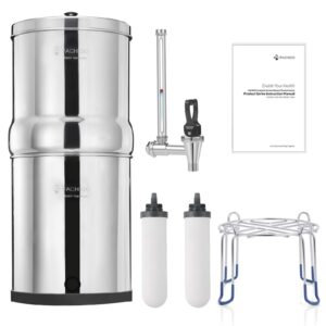 fachioo gravity-fed water filter system, 2.25 gallon stainless steel countertop system with 2 ceramics filters washable filters, metal water level spigot and stand,reduce up to 99% chlorine