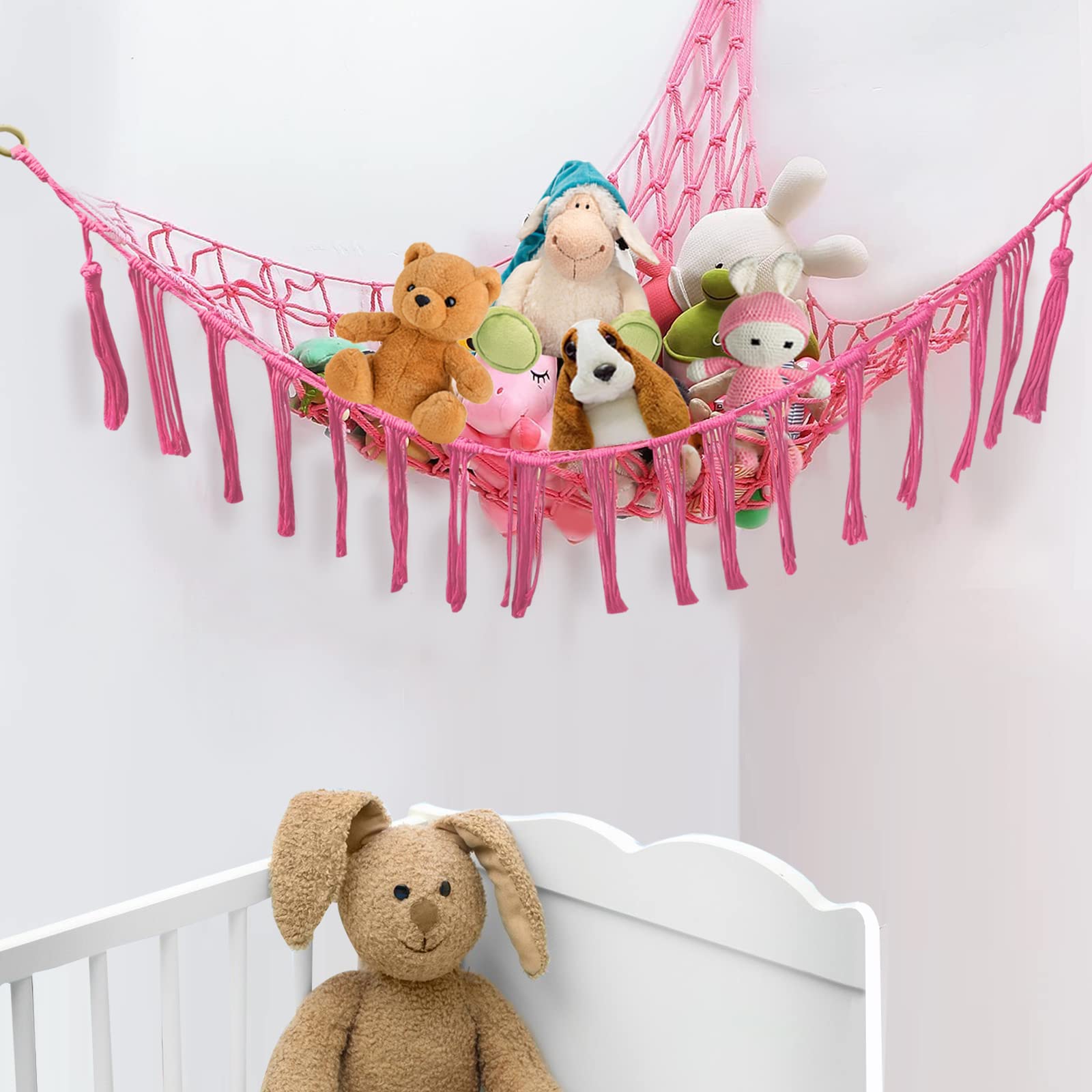 SMTTW Stuffed Animal Net or Hammock, Macrame Toy Hammock with Boho Tassels, Stuffed Animal Hammock Display Hanging Pet Net, Plushie Hammock Corner Net Holder for Nursery Bedroom Playroom Storage(Pink)