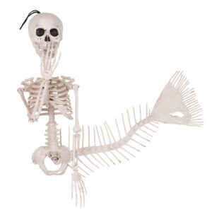 decorlife 30" mermaid skeleton, skeleton halloween decoration, hanging posable halloween prop for haunted house, trunk or treat, bathroom