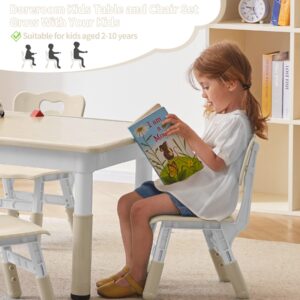 DOREROOM Toddler Table and Chairs Set for 4, Kids Study Table and Chair Set, Height-Adjustable, Graffiti Desktop, Children Activity Table for Daycare, Classroom, Home, Burlywood Wood Grain