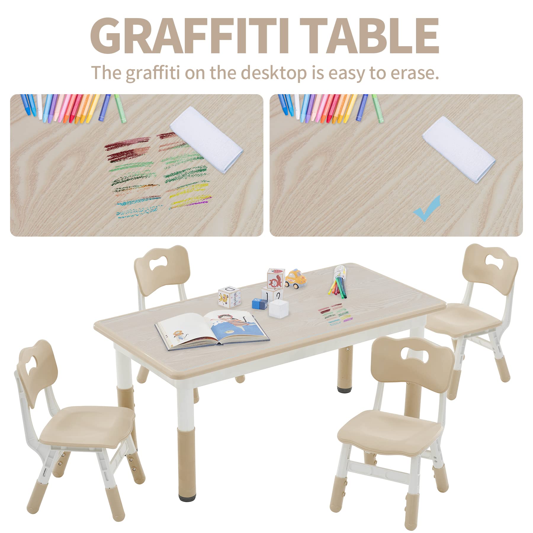 DOREROOM Toddler Table and Chairs Set for 4, Kids Study Table and Chair Set, Height-Adjustable, Graffiti Desktop, Children Activity Table for Daycare, Classroom, Home, Burlywood Wood Grain