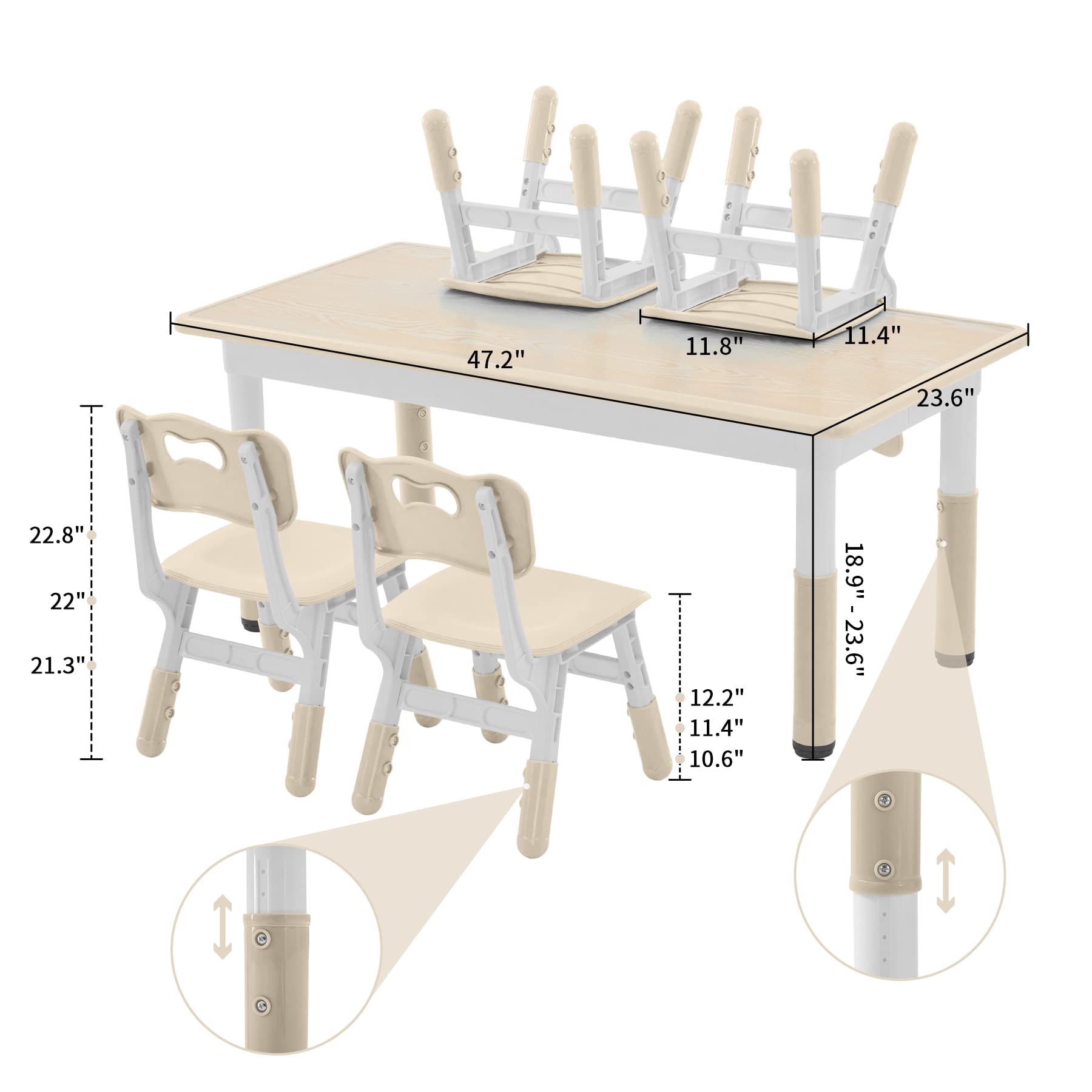 DOREROOM Toddler Table and Chairs Set for 4, Kids Study Table and Chair Set, Height-Adjustable, Graffiti Desktop, Children Activity Table for Daycare, Classroom, Home, Burlywood Wood Grain