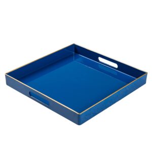 maoname decorative tray, royal blue serving tray with handles, coffee table tray, square plastic tray for ottoman, bathroom, kitchen, 13"x13"x1.57"