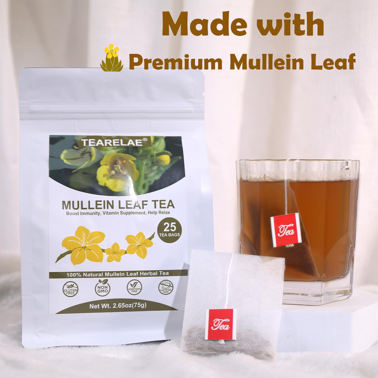 TEARELAE - Mullein Tea Bags For Lungs - 2.65 oz/75g (3g X 25 Bags) - 100% Pure Natural Premium Mullein Leaf Tea - Non-GMO - Caffeine-free - Good For Respiratory System