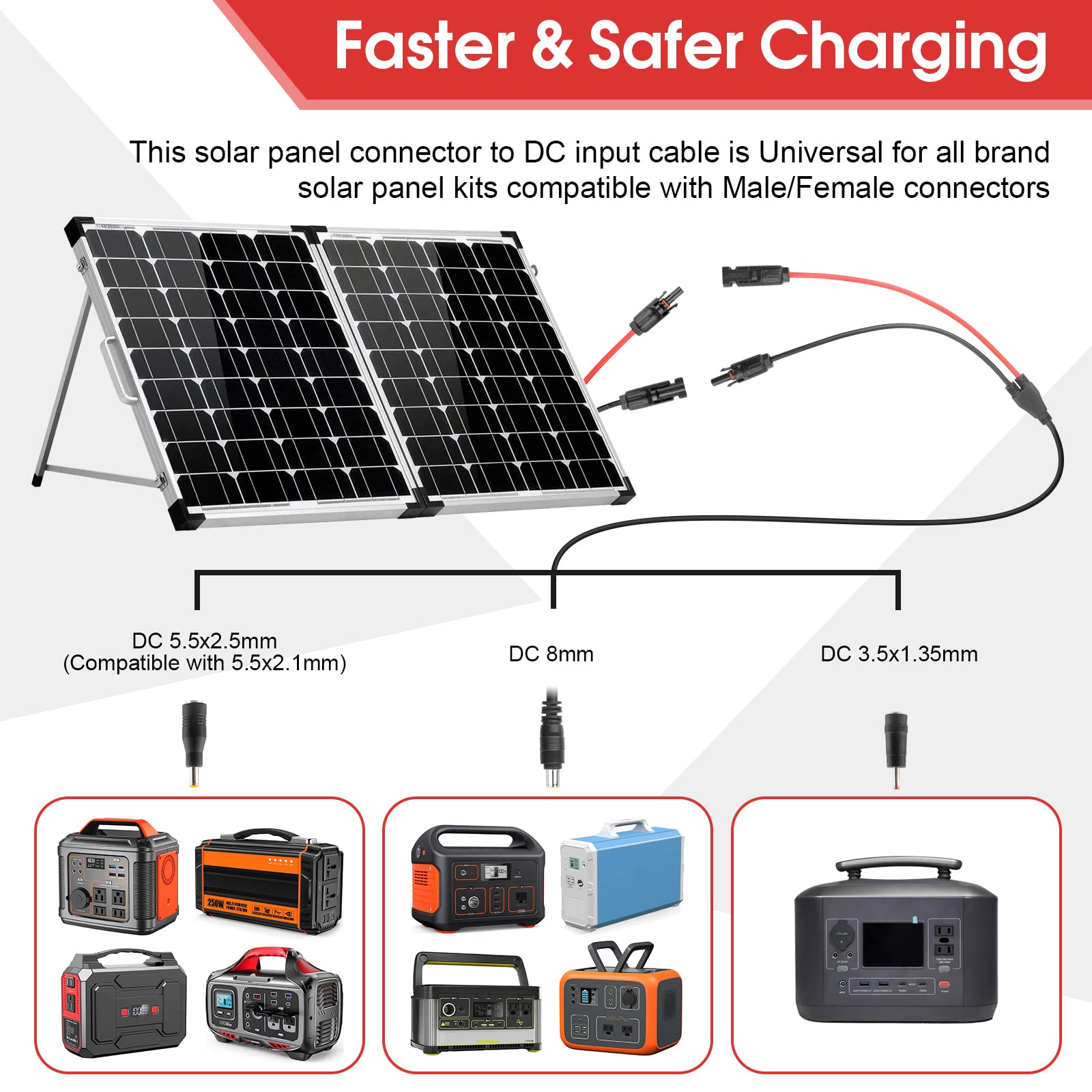 PAEKQ Solar Panel Connector to DC 8mm Adapter Cable, Solar Connectors Extension Cable 6Ft 14AWG with DC 5.5x2.5mm and DC 3.5x1.35mm Adapter for Jackery GZ Yeti and 8mm Input Port Solar Generator