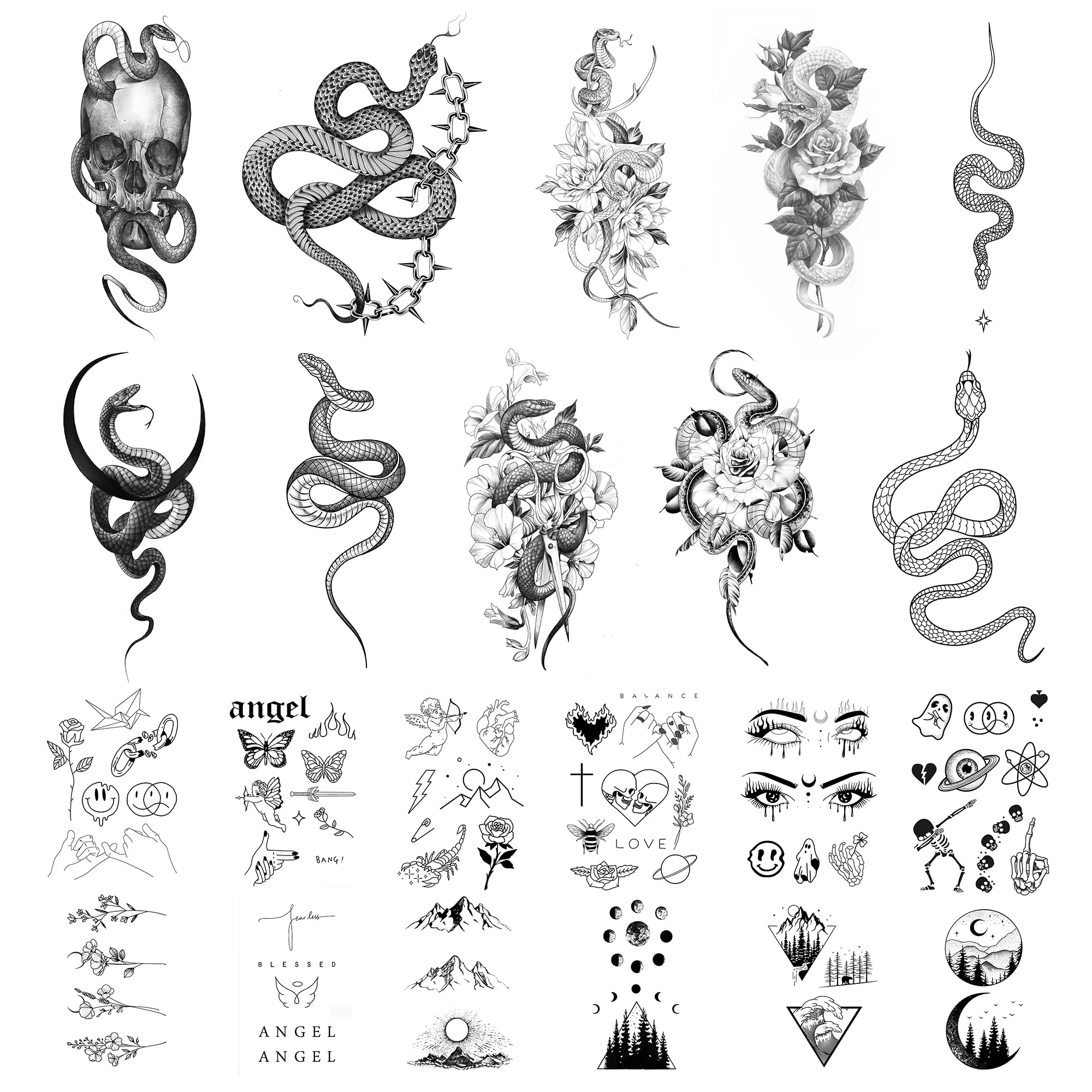 JINYOUS 22 Sheets Realistic Temporary Tattoo, 10 sheets Sexy Snake Fake Tattoos Stickers, Floral Peony Rose Tribal Viper Snake Temporary Tatoos For Women Men Adults Body Art Forearm Arm Leg