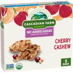 cascadian farm organic cherry cashew chewy granola bars, no added sugar, 6 oz, 5 count