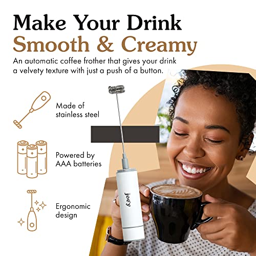 Froth'y, High-Grade Milk Frother, Automatic Stainless-Steel Frother for Coffee & More, Frother Handheld Device with a Double-Whisk Wand, Battery-Powered Drink Frother with a Travel Case, White - Joe’y