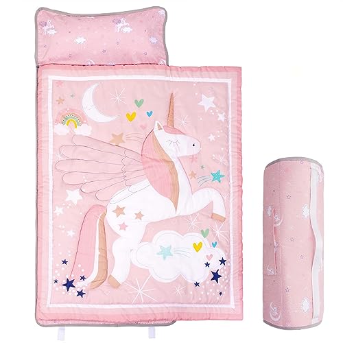 UOMNY Toddler Nap Mat - 1 Pack Girls Sleeping Bag with Removable Pillow - Unicorn 50x20 Inch Kids Preschool Nap Sack with Pillow Pink Girls Napper Nap Mats for Daycare Napping Bag for Girls