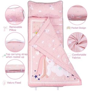 UOMNY Toddler Nap Mat - 1 Pack Girls Sleeping Bag with Removable Pillow - Unicorn 50x20 Inch Kids Preschool Nap Sack with Pillow Pink Girls Napper Nap Mats for Daycare Napping Bag for Girls