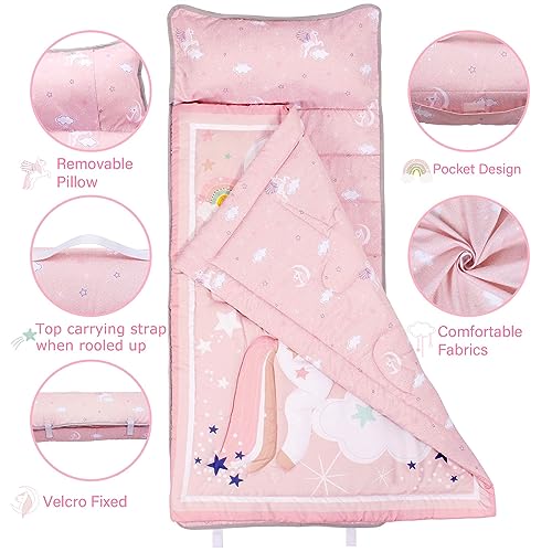 UOMNY Toddler Nap Mat - 1 Pack Girls Sleeping Bag with Removable Pillow - Unicorn 50x20 Inch Kids Preschool Nap Sack with Pillow Pink Girls Napper Nap Mats for Daycare Napping Bag for Girls