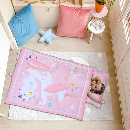 UOMNY Toddler Nap Mat - 1 Pack Girls Sleeping Bag with Removable Pillow - Unicorn 50x20 Inch Kids Preschool Nap Sack with Pillow Pink Girls Napper Nap Mats for Daycare Napping Bag for Girls