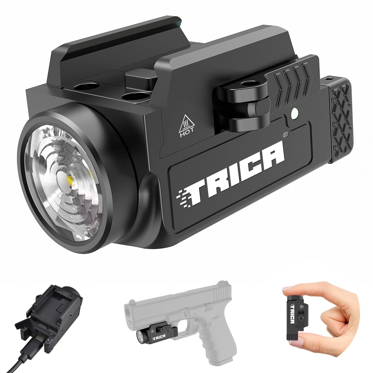 trica 800 Lumen Mini Pistol Light LED Compact Strobe Tactical Gun Flashlight, USB Rechargeable Rail-Mounte Weapon Light for Pistol Quick Release Light with 1913 or GL Rail, Built-in Battery (Black)