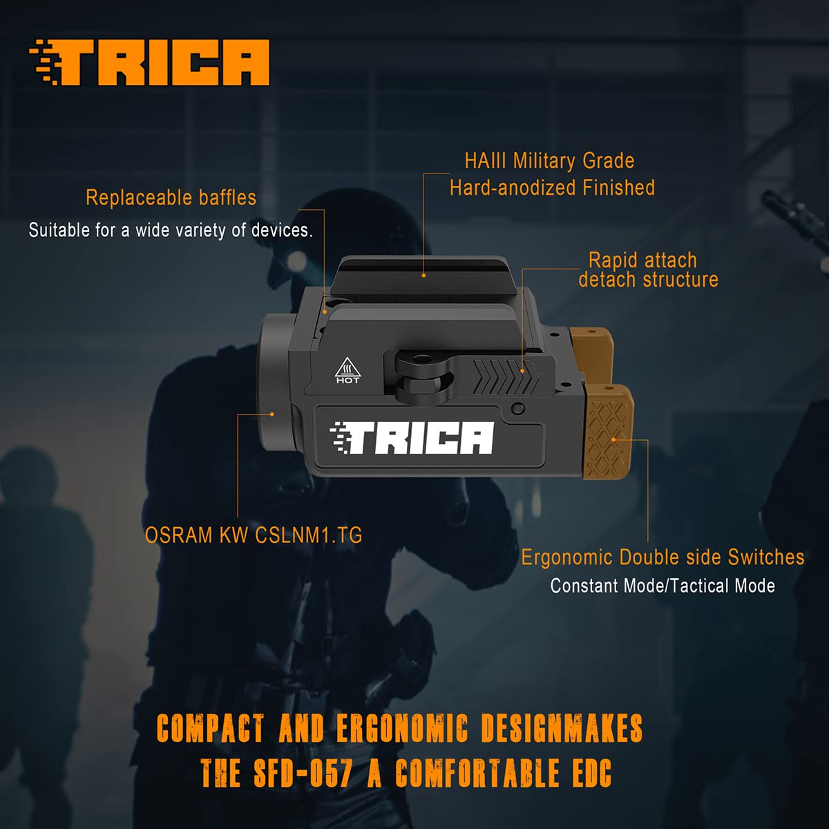 trica 800 Lumen Mini Pistol Light LED Compact Strobe Tactical Gun Flashlight, USB Rechargeable Rail-Mounte Weapon Light for Pistol Quick Release Light with 1913 or GL Rail, Built-in Battery (Black)