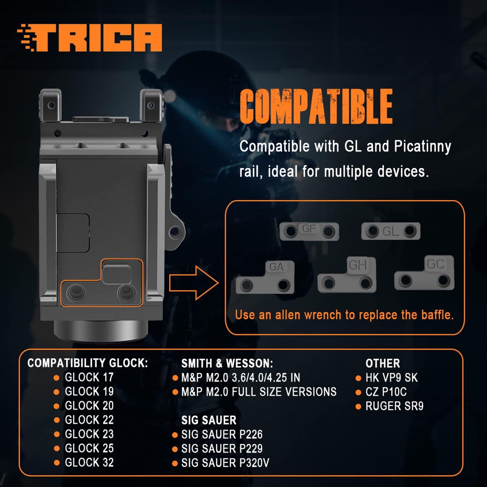 trica 800 Lumen Mini Pistol Light LED Compact Strobe Tactical Gun Flashlight, USB Rechargeable Rail-Mounte Weapon Light for Pistol Quick Release Light with 1913 or GL Rail, Built-in Battery (Black)