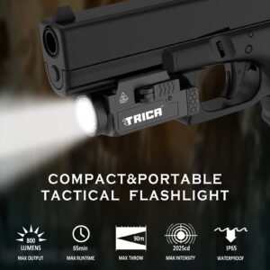trica 800 Lumen Mini Pistol Light LED Compact Strobe Tactical Gun Flashlight, USB Rechargeable Rail-Mounte Weapon Light for Pistol Quick Release Light with 1913 or GL Rail, Built-in Battery (Black)