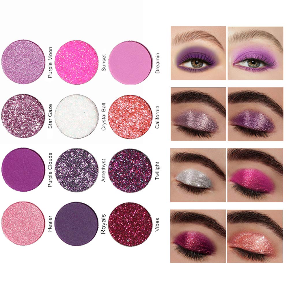 Glitter Purple Pink White Eye Eyeshadow Makeup Palette Pallets, 12Colors Dark Purple Bright High Pigmented sparkly Rainbow Colorful Pressed Glitter Bling Eyeshadow Eye Glitter Makeup Palette