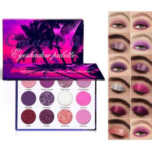 Glitter Purple Pink White Eye Eyeshadow Makeup Palette Pallets, 12Colors Dark Purple Bright High Pigmented sparkly Rainbow Colorful Pressed Glitter Bling Eyeshadow Eye Glitter Makeup Palette