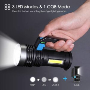 Wrrozz LED Flashlight High Lumens - USB Rechargeable Flashlight for Camping, Hiking, Walking - Powerful Emergency Flashlight with 4 Modes for Outdoor Use - Bright Flashlight with Sidelight Lantern