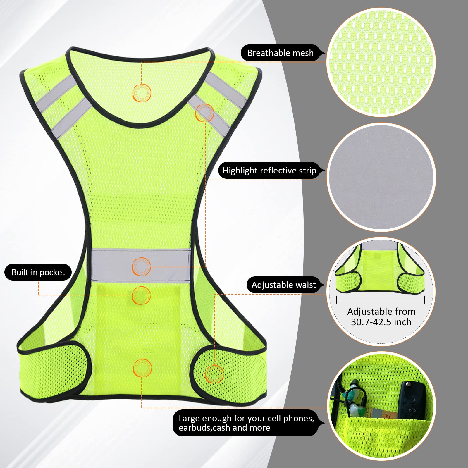 Reflective Running Vest for Men Women, High Visibility Safety Vest with Large Pocket, Lightweight Reflective Running Gear for Motorcycle,Cycling,Jogging,Walk At Night, Adjustable Waist, 2 PCS, Yellow