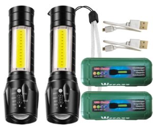 wrrozz led flashlight rechargeable usb torch mini small light super bright handheld tiny portable pocket flash light with cob side searchlight high lumens zoomable emergency camping accessories 2 pack