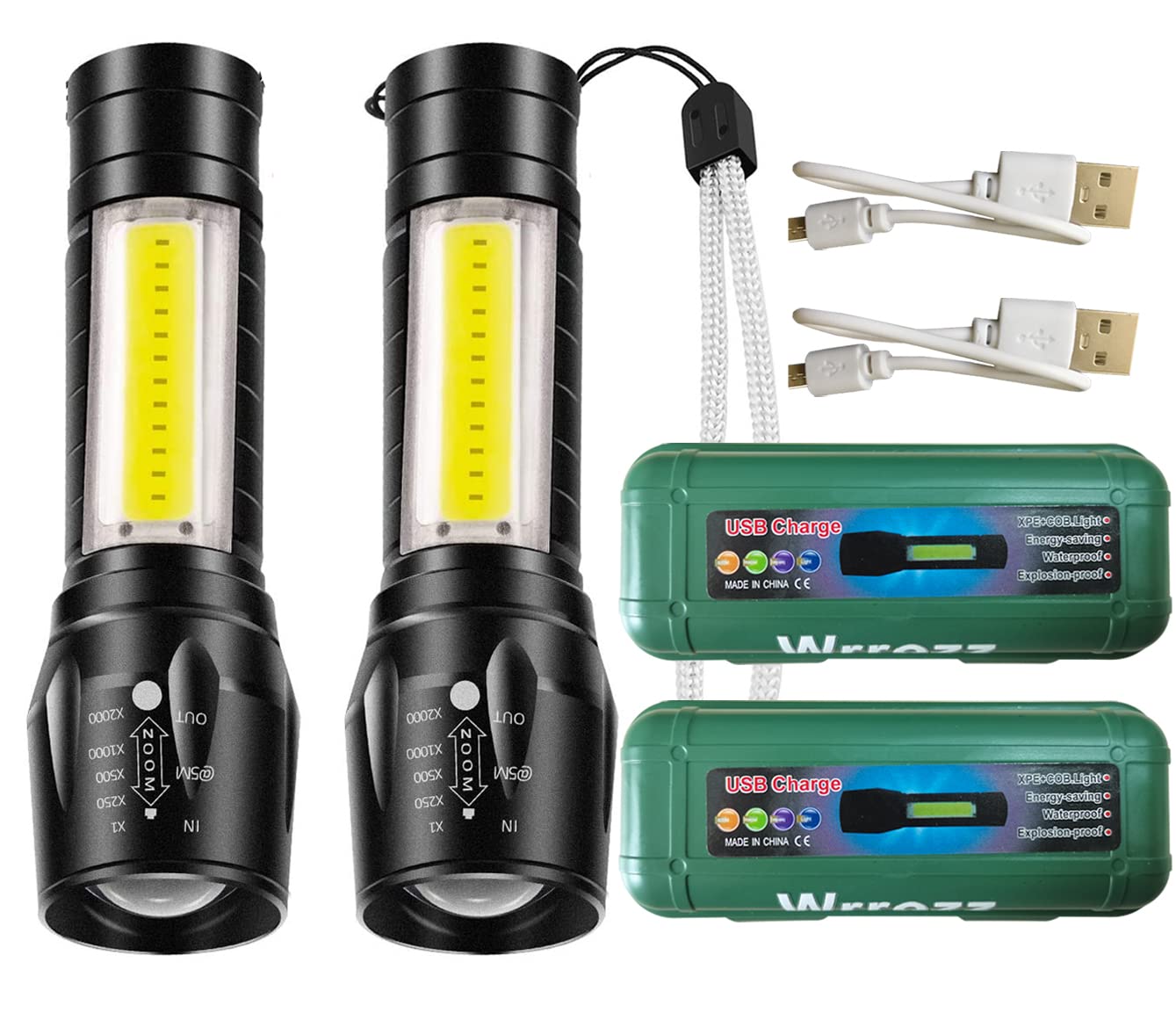 Wrrozz Led Flashlight Rechargeable USB Torch Mini Small Light Super Bright Handheld Tiny Portable Pocket Flash Light with COB Side Searchlight High Lumens Zoomable Emergency Camping Accessories 2 Pack