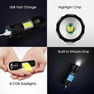 Wrrozz Led Flashlight Rechargeable USB Torch Mini Small Light Super Bright Handheld Tiny Portable Pocket Flash Light with COB Side Searchlight High Lumens Zoomable Emergency Camping Accessories 2 Pack