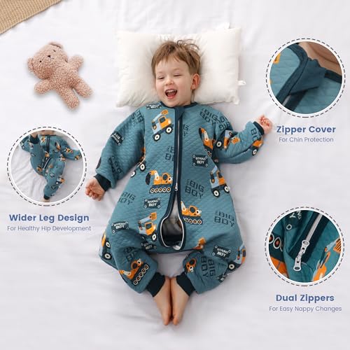 ZIGJOY Toddler Sleeping Bag, 1.5 TOG Baby Sleep Bag with Feet 100% Cotton Sleep Sack All Year Round for 18Months-3T Baby Girl Boy Essentials Excavator